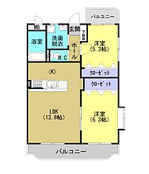 マーブルハイツ坂元A 2LDKの間取図画像
