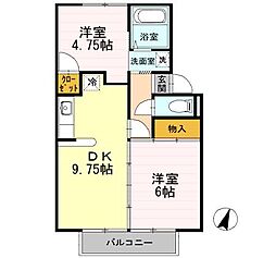 パヒュームタウンA棟 2DKの間取図画像