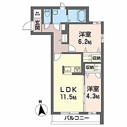 グランドール成沢 2階2LDKの間取り
