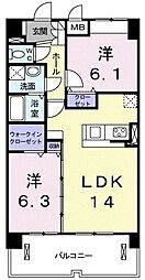 ニューカレント 3階2LDKの間取り