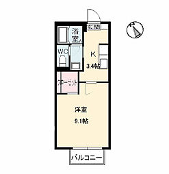 レーヴ吉成Ａ棟 2階1Kの間取り