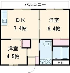 フレール水前寺 3階2DKの間取り