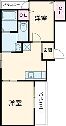 グロースコート恵我之荘 2階2DKの間取り