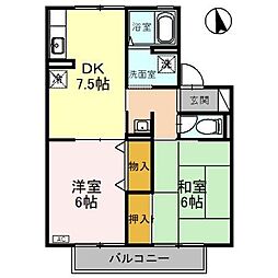 セジュール渡辺 2階2DKの間取り