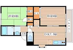 ベルパーク川平II番館 2階2DKの間取り