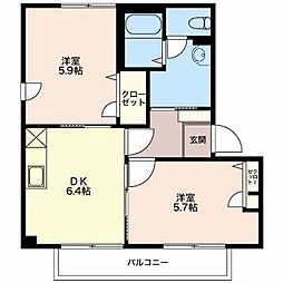 サンシャイン杉山 Ｄ 2階2DKの間取り