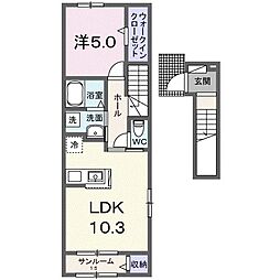 アヴィニール新町東 2階1LDKの間取り