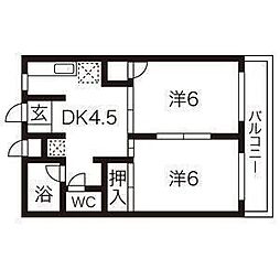 ファミール木ノ下 2階2DKの間取り