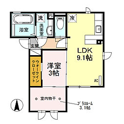 クレシア高木中央II 2階1LDKの間取り