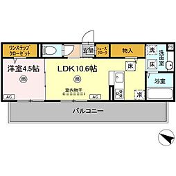 オーヴィラージュII 1階1LDKの間取り