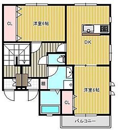 スカイガーデン原田1号地 2階2DKの間取り