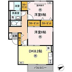 ディアコート　B棟 2階2DKの間取り
