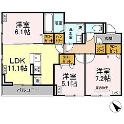 D-ROOM都賀2丁目IIーA棟 2階3LDKの間取り