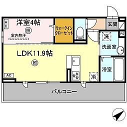 オーク・ヴィラ尾ノ上 2階1LDKの間取り