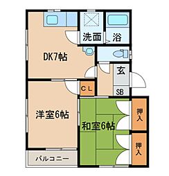 コスモスコーポC 2階2DKの間取り