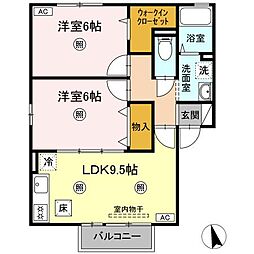 セジュールアルカディア　B棟 1階2DKの間取り