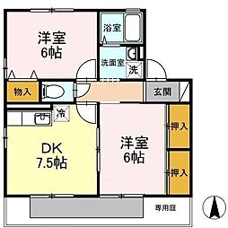 リヴェール　F棟 1階2DKの間取り