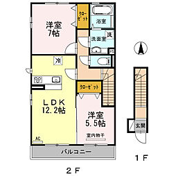 グランディール東原　E棟 2階2LDKの間取り
