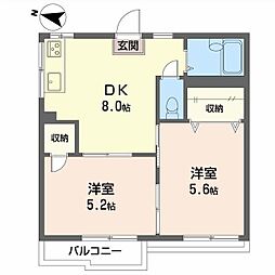 ハイツニュー南 2階2DKの間取り