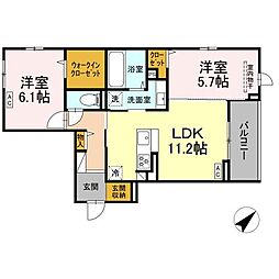 プレミア西条中央B棟 2階2LDKの間取り