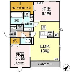 プレミア西条中央A棟 1階2LDKの間取り