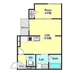 コンフォート天台 2階1LDKの間取り