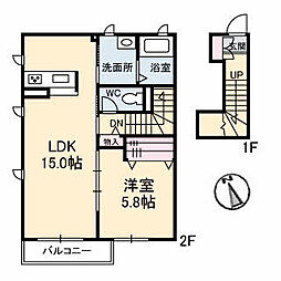 リラフォート湯田B棟 1LDKの間取図画像