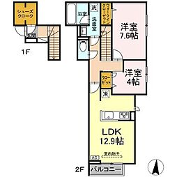 JR東北本線 郡山駅 バス31分 久留米寺西下車 徒歩2分の賃貸アパート 2階2LDKの間取り