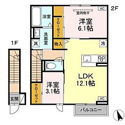 仙台市営南北線 富沢駅 徒歩24分の賃貸アパート 2階2LDKの間取り