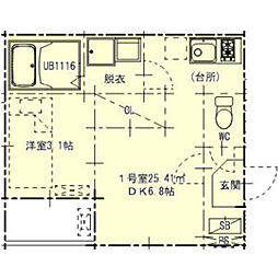 ハーモニーテラス押木田町 1階1DKの間取り