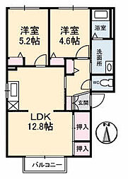 コーポ中的場　II棟 2階2LDKの間取り