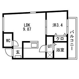 ティンガーラ須ヶ口　EAST 3階1LDKの間取り