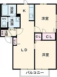 グリーンゲイト　I棟 2階2LDKの間取り