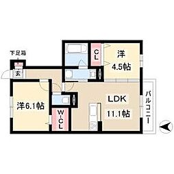 サンハイム八社 1階2LDKの間取り