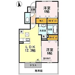 カーサアリエッタA・B・C　C棟 1階2LDKの間取り