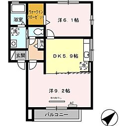 ウィング　ヴュー　B棟 2階2DKの間取り