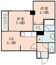 熊本市電A系統 商業高校前駅 徒歩11分の賃貸マンション 3階2DKの間取り