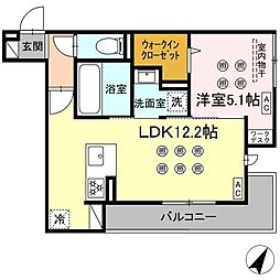 (仮称)D-ROOM新屋敷 2階1LDKの間取り