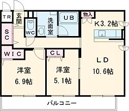 ジュノール千歳真々地 3階2LDKの間取り