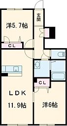 レフィシア Ａ 2階2LDKの間取り