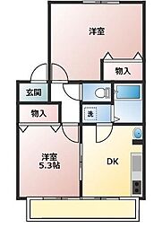 サンカムール 2階2DKの間取り