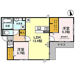 Osaka Metro御堂筋線 北花田駅 徒歩10分の賃貸アパート 2階2LDKの間取り