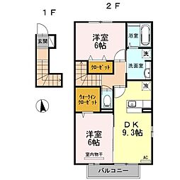 カーサアリエッタA・B・C　B棟 2階2DKの間取り