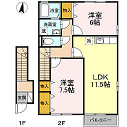 ローズコート山田B 2LDKの間取図画像