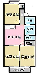 グリンビューわかぞのB棟 3DKの間取図画像