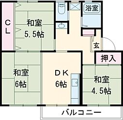 UR都市機構中登美団地B-7 3DKの間取図画像