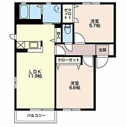 カーサラフィネA棟 2LDKの間取図画像