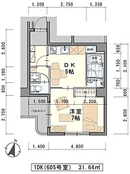 インタウナー二日町 1DKの間取図画像