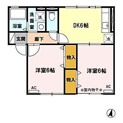セジュール将軍野東B 2DKの間取図画像