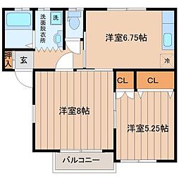 メゾンエスポワールB棟 2DKの間取図画像